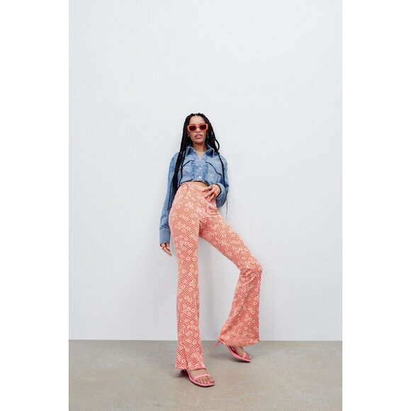 NEW ZARA Orange Daisy Print Flare Bottom Pants Size S Boho Hippie 70s Peace - Picture 7 of 7